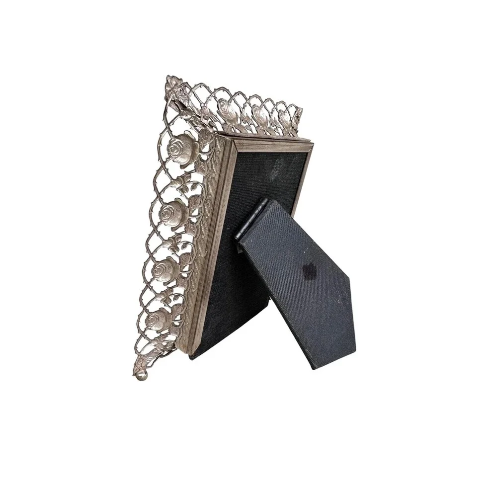 Vtg Filigree Antique Style Silver Rose Picture Frame Ornate Openwork Lattice